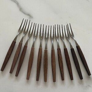 Set of 11 Vintage Stainless Appetizer Forks with Wood Handles made in Japan